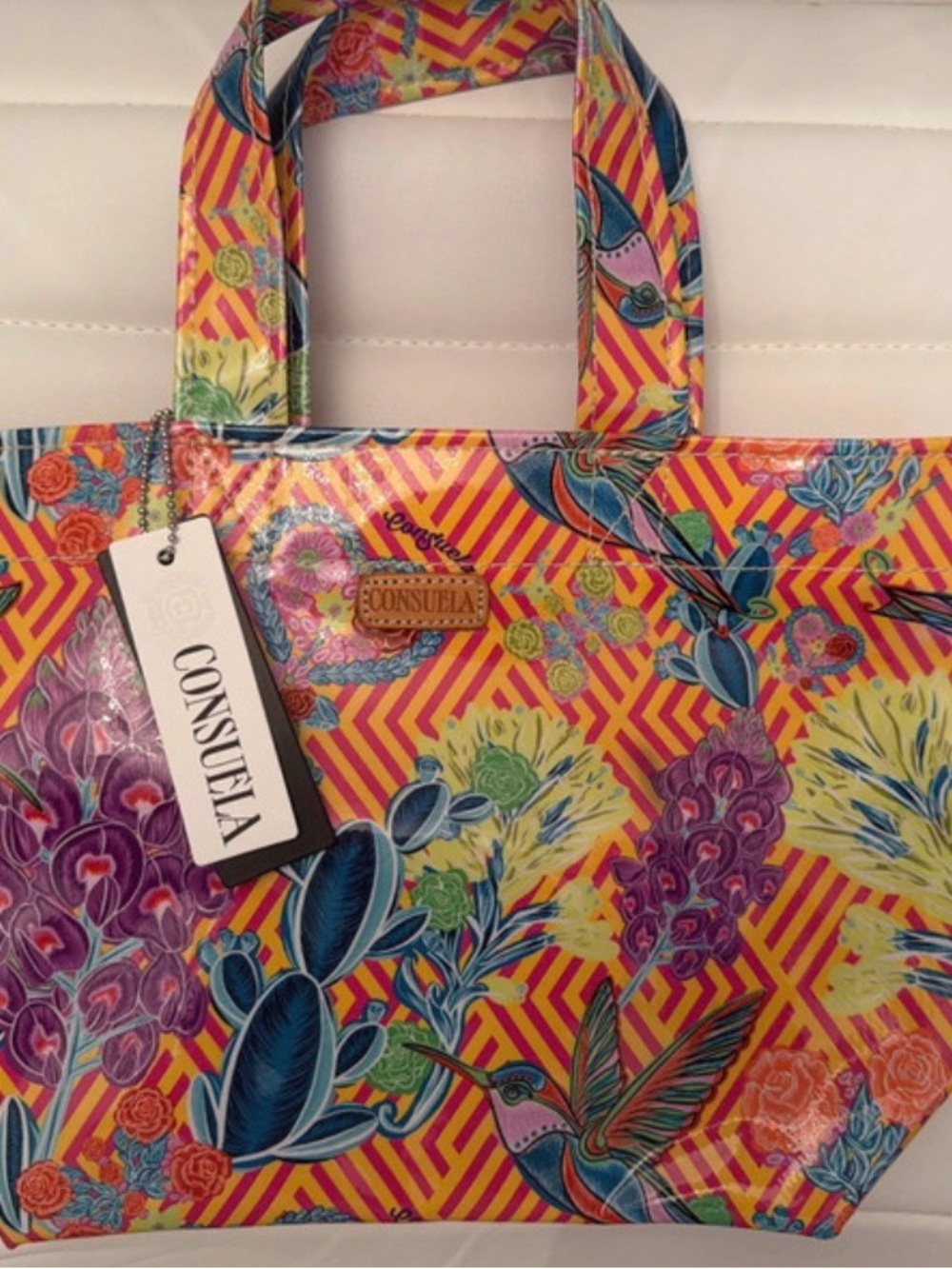 Consuela Yellow Multicolor Floral Hummingbird Tote with Purple and Blue Accents